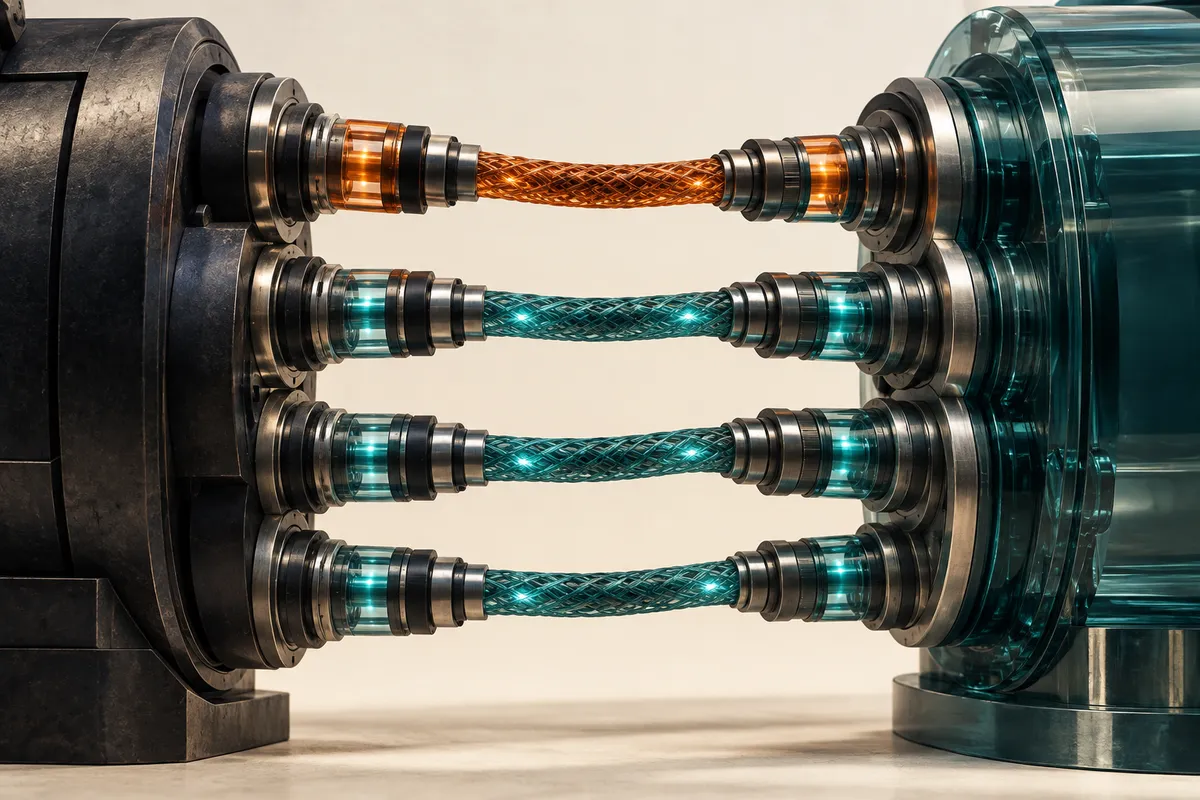 Dos carcasas de máquina unidas por cuatro cables conectores trenzados, uno de ellos naranja