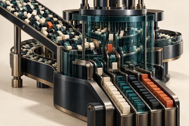 Conveyor lines feeding many small game tiles through one machine into sorted output lanes
