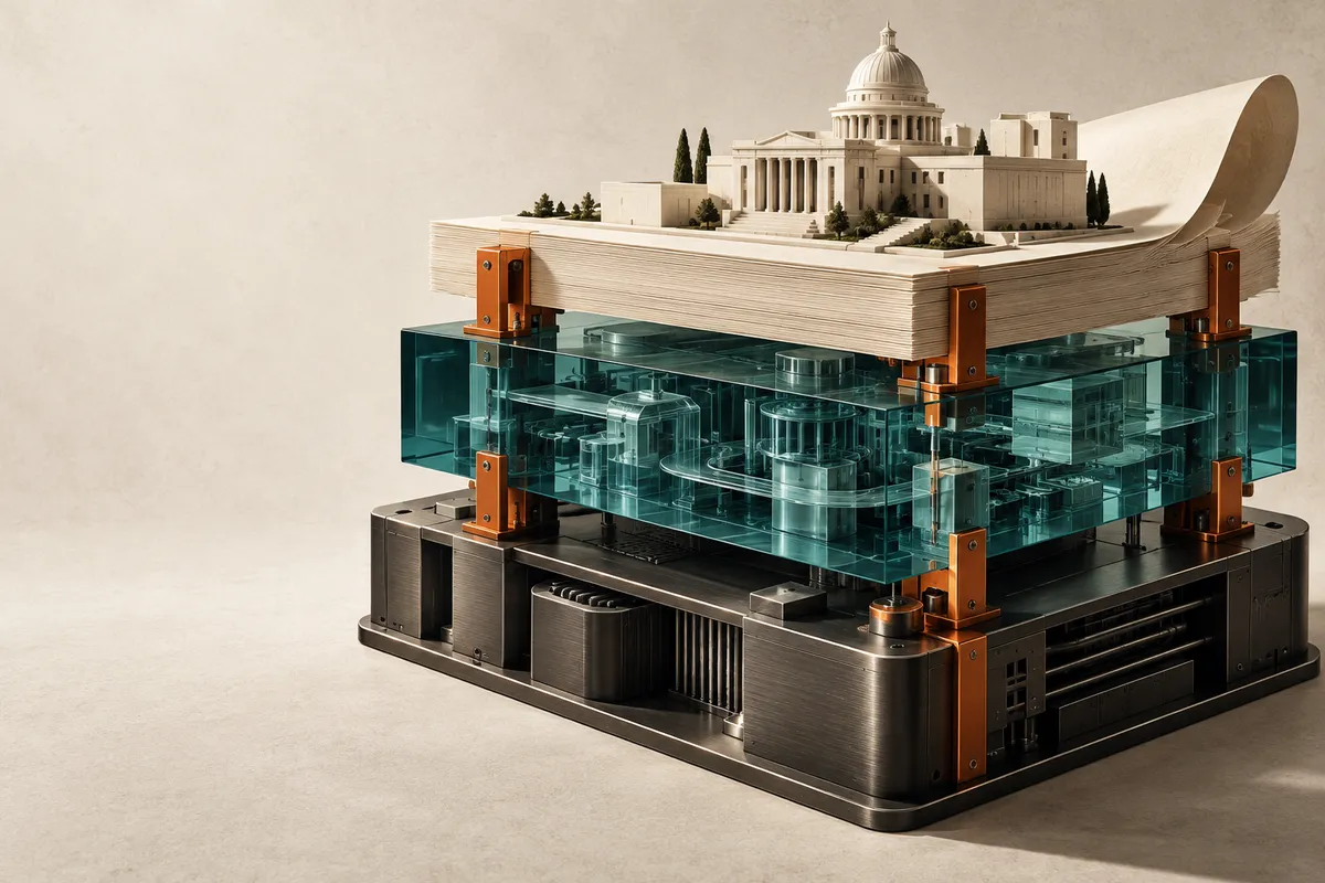 Cutaway model of the three layers we deliver: hardware infrastructure at the base, a transparent platform layer above it, and a regulatory layer on top