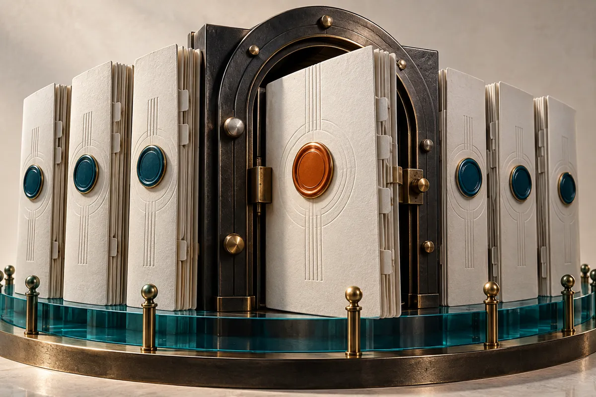 A curved row of sealed licence dossiers standing in front of an open vault door, one dossier bearing an orange seal