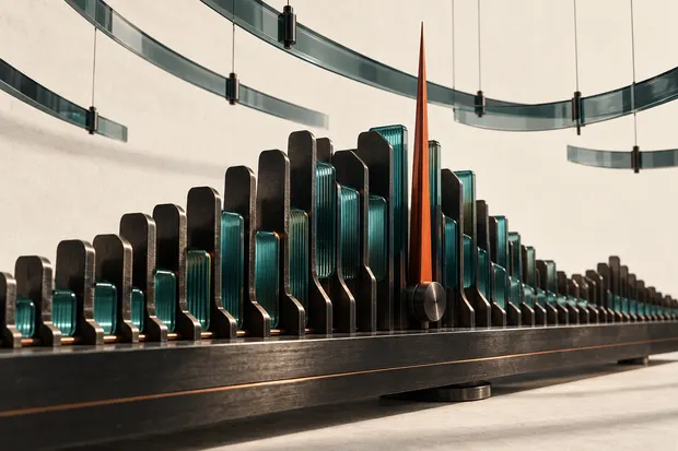 A long rack of upright market slats at varying heights with one orange marker standing tallest